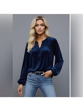 Blue Notched Neckline Lantern Sleeve